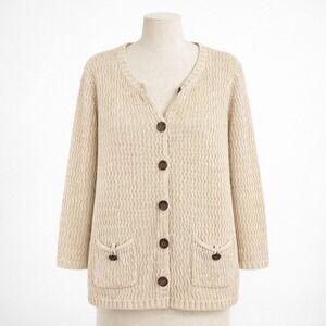 Vintage Y2K Ribbed Knit Button Cardigan Sz L Tan Pockets Cottagecore Boho Preppy